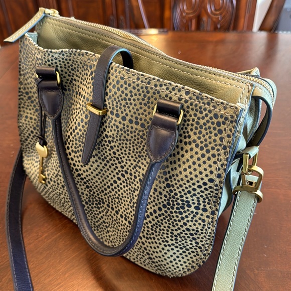Fossil Olive Navy Dotted Genuine Leather 2-in-1 Satchel Cross Body Bag - Picture 2 of 13